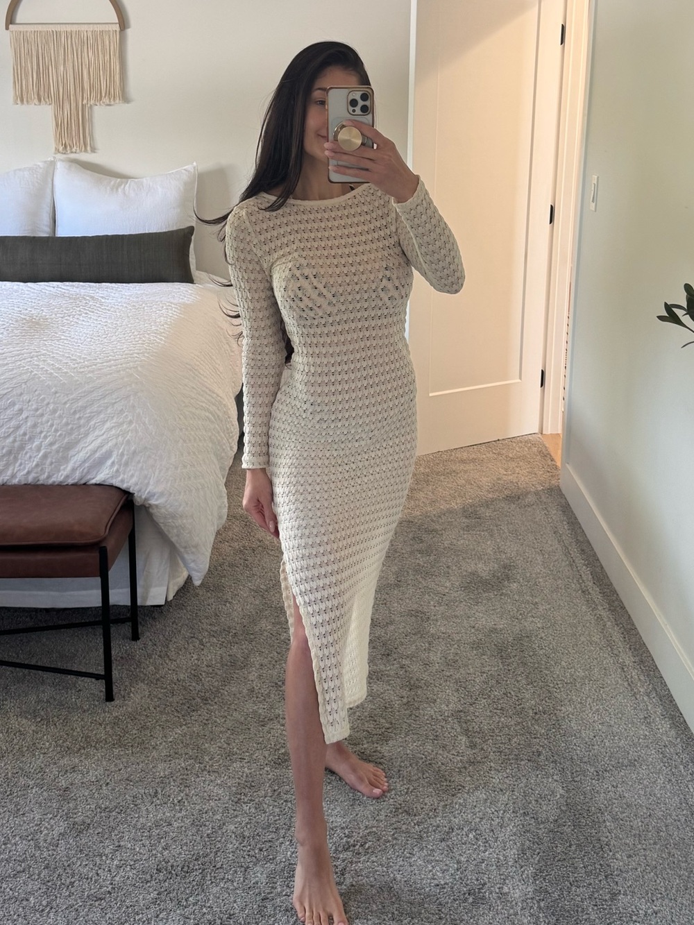 Beige Sandy Beach Crochet Coverup, Size Small